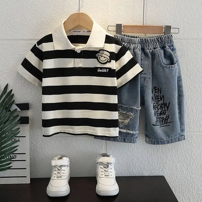 Boys 2025 Summer Outfit T-Shirt and Jeans Korean Polo Fashion 2PCS Casual Clothing Korean Reviews Top Toddler Kids Clothes Sets