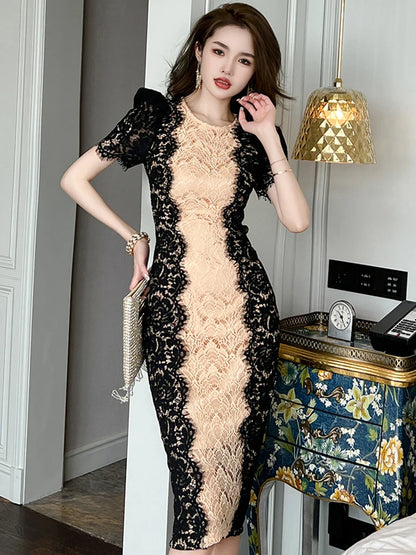 Fashion Summer Elegant Evening Dress For Women Lace Chic Short Sleeve Slim Midi Party Gown Mujer Stretchy Vestido Street Clothes
