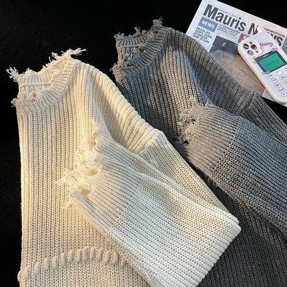 Fashion Niche Knitted Sweaters Autumn Winter Ripped O-neck Causal Loose High Street Knitted Sweater Men Pullovers Male Clothes