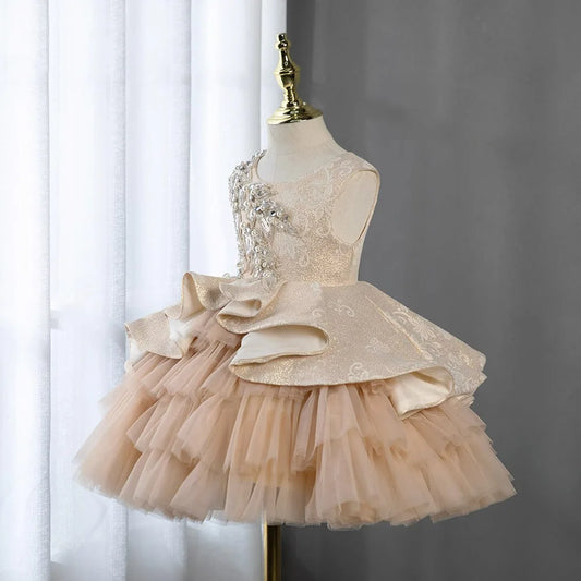 Toddler Girls Christmas Party Princess Dress Embroidery Beading Pearl Lace Children Ball Gown Birthday Performance Prom Dresses