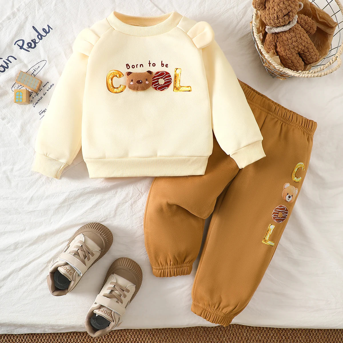 Winter Toddler Boys Clothes Sets Funny Bear Pattern Long Sleeve Thick Top And Printed Pants 2-Piece Set Children's Clothing