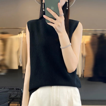 2024 Cashmere Vest Women's 100% Merino Wool Pullover Indoor Sleeveless Sweater Half-turtleneck Office Tops Waistcoat