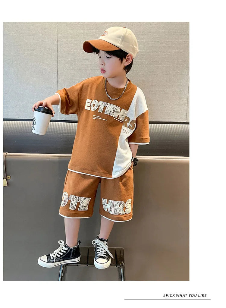 4 5 6 8 10 12 14 Years Summer Boys Clothing Sets New Fashion Letter Top + Shorts 2Pcs Kids Tracksuit Birthday Gifts Kids Clothes