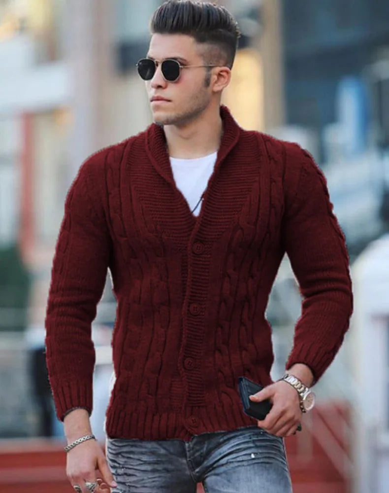 Autumn Winter Men's Warm Knitted Sweater Solid Single-breasted Twisted Texture Cardigan Lapel Slim Buttoned Thick Sweater Male