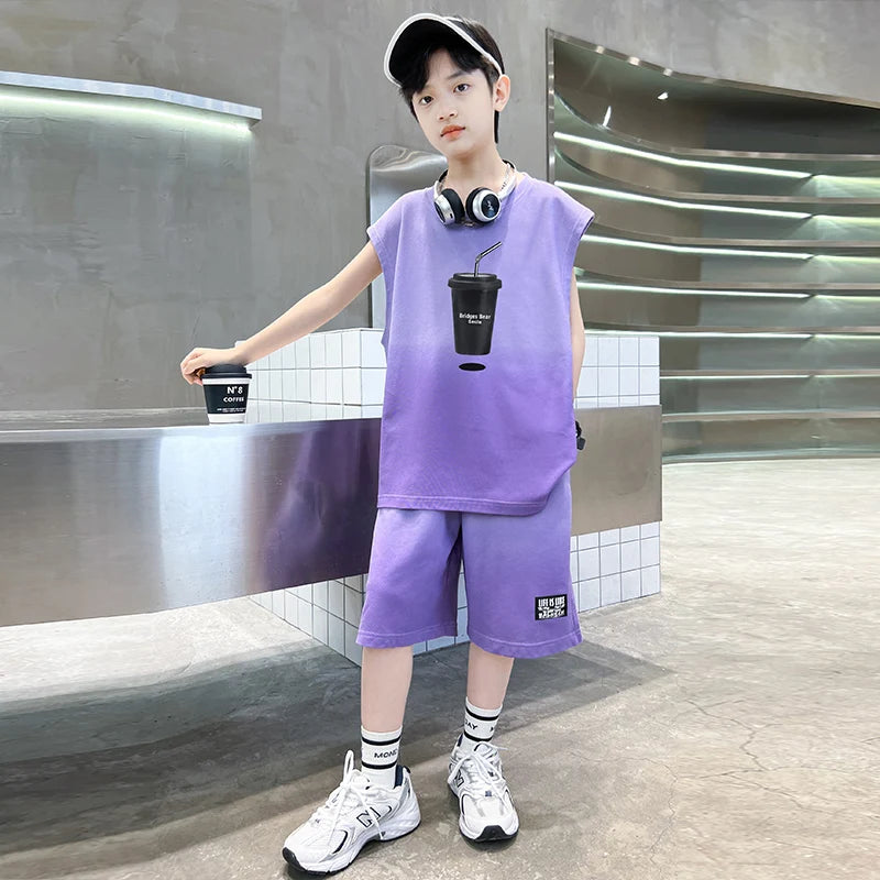 Fashion Boys Summer Top and Bottom set Clothing for Kids Child Casual Sleeveless Tshirt And Shorts Two Pieces Tracksuit Outfit