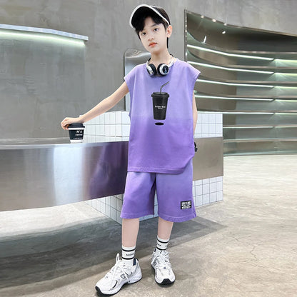 Fashion Boys Summer Top and Bottom set Clothing for Kids Child Casual Sleeveless Tshirt And Shorts Two Pieces Tracksuit Outfit