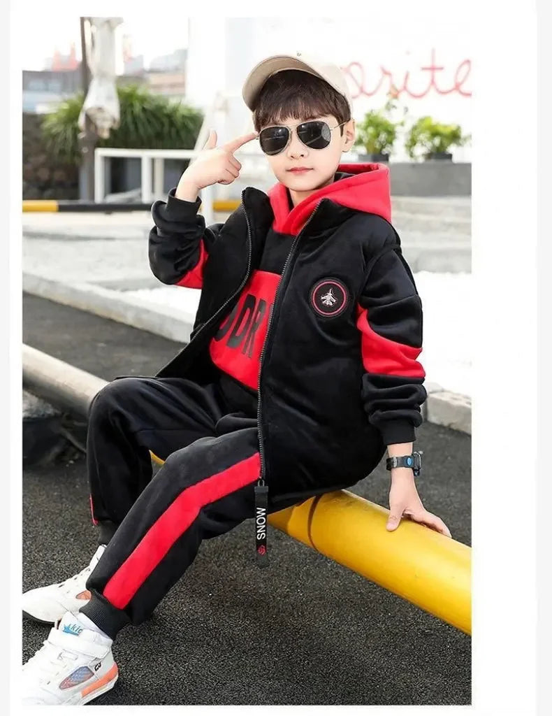 2023 winter Boys tracksuit Autumn Toddler Teenager Clothes vest velvet jacket + Sweatishrt hooded + Pant Children Kids 4 12 year
