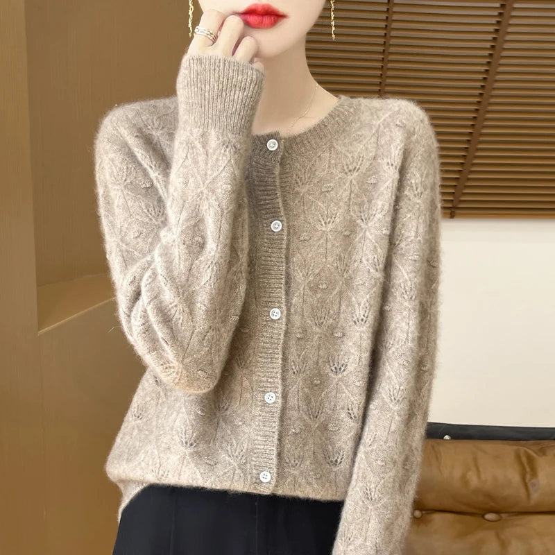 2024 Autumn And Winter New Round Neck Hollowed Out 100 Wool Knitted Cardigan Women's Versatile Coat Loose Casual Sweater DMR281