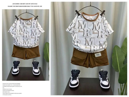 Boys Summer Short Sleeve Set 2024 New Fashionable Baby Clothes Boys Handsome Clothes Children's Letter Two Piece Set