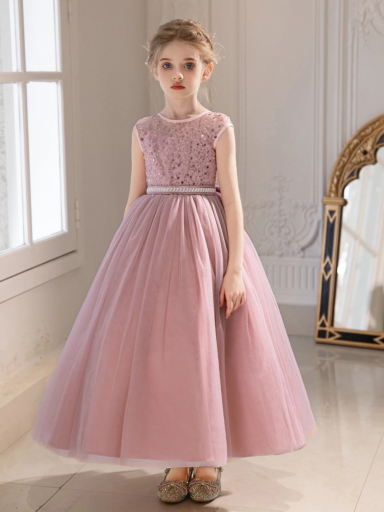 Girl Party Dress Long Pink Gown with Big Bow Evening Dress Puffy Gauze Girl Princess Dress