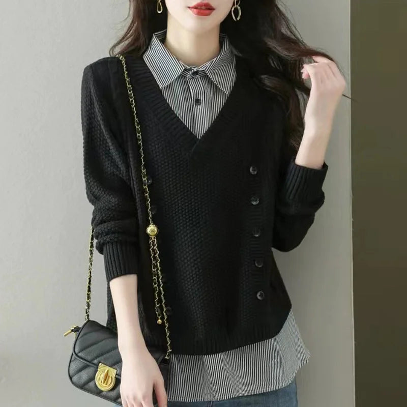 New Fake Two Piece Top Knit Sweater Women's Splice Shirt Collar Spring Autumn  Korean Loose Long Sleeve Sweater Female Pullover