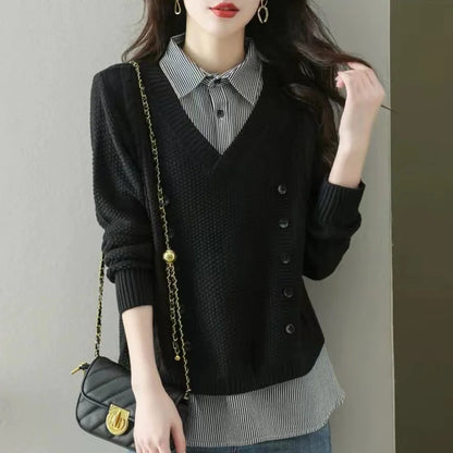 New Fake Two Piece Top Knit Sweater Women's Splice Shirt Collar Spring Autumn  Korean Loose Long Sleeve Sweater Female Pullover