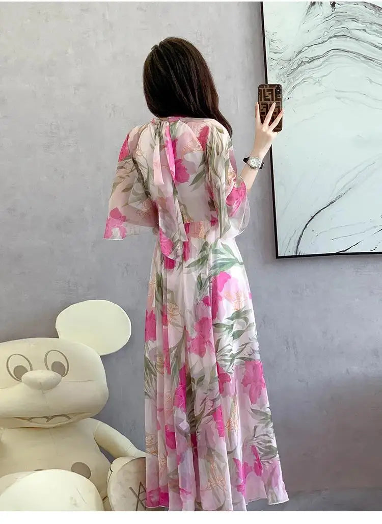 Summer Holiday Floral Dress Women Beach Flower Print Flare Sleeve Back Bow Lace Up High Waist Draped Chiffon Party Long Vestidos