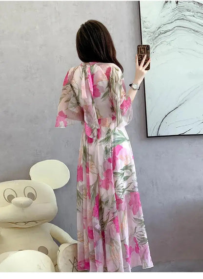 Summer Holiday Floral Dress Women Beach Flower Print Flare Sleeve Back Bow Lace Up High Waist Draped Chiffon Party Long Vestidos