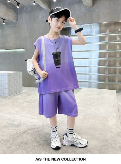 Fashion Boys Summer Top and Bottom set Clothing for Kids Child Casual Sleeveless Tshirt And Shorts Two Pieces Tracksuit Outfit