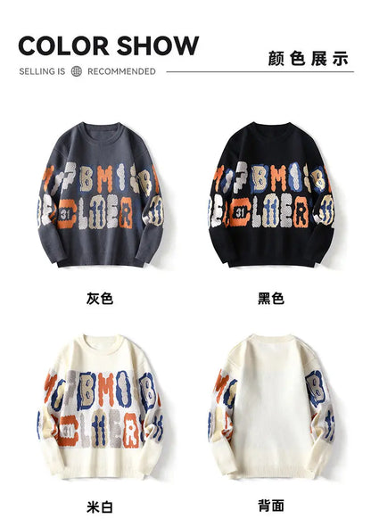 New Graffiti Printed Winter Letter Warm Men's Knitted Sweater Fashion Hoodies Loose Warm Street Autumn Woolen Pullover