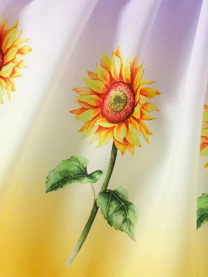 Summer style dress for girls aged 1-8, with suspender straps, pleated sunflower print, rustic style, for baby girls