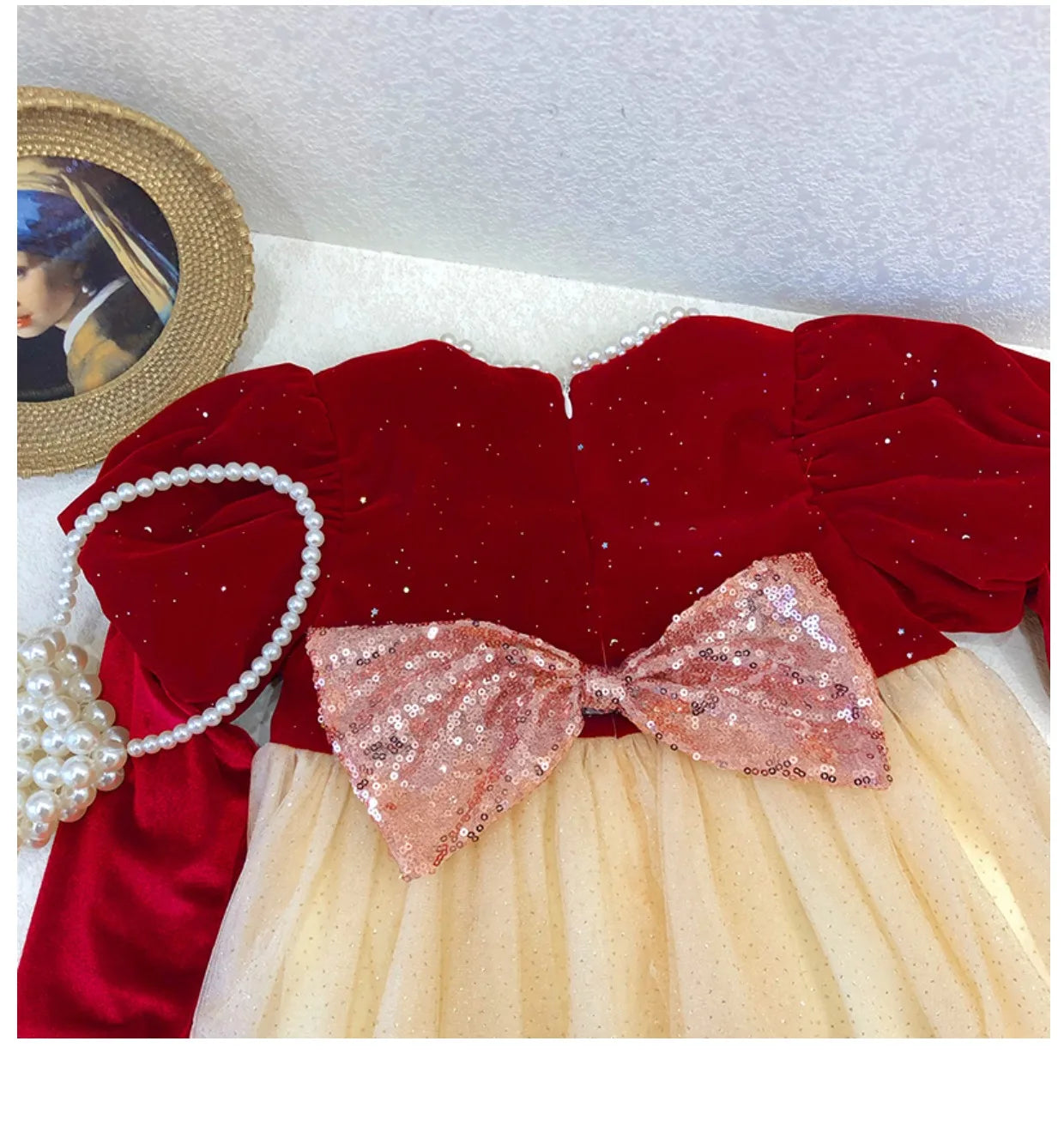 Winter Bow Sequin Dress for Girls' 2025 New Fashion Baby Red Christmas Dresses Velvet Patchwork Mesh A-line Princess Dress
