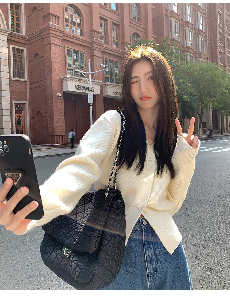 Zjaiss 2025 Autumn Winter Elegance Solid Color V-neck Sweater Knitted Casual Cardigan Unique And Niche Slim Fit Tops