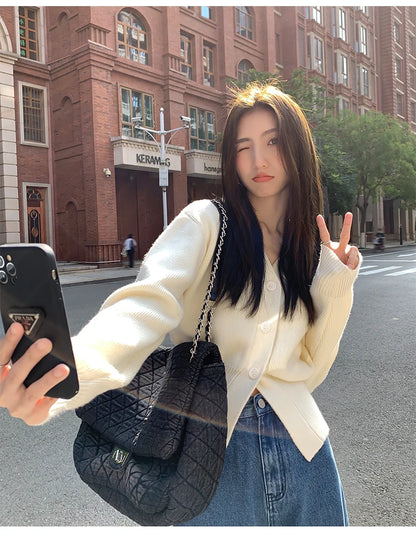 Zjaiss 2025 Autumn Winter Elegance Solid Color V-neck Sweater Knitted Casual Cardigan Unique And Niche Slim Fit Tops