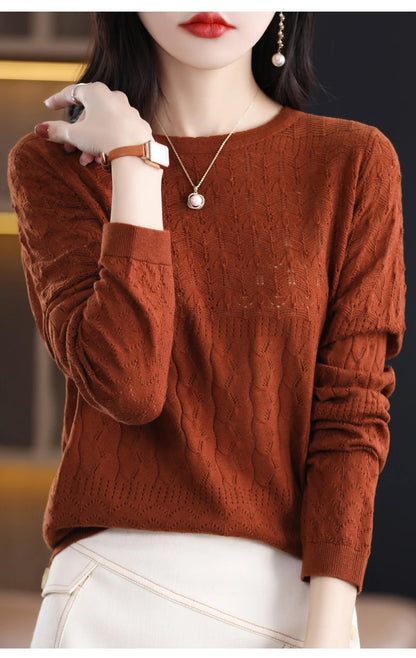 Worsted Wool Sweater Women's Spring 2023 New Western-Style Solid Color Round Neck Top With Long Sleeve Bottom Hollowed-Out Thin