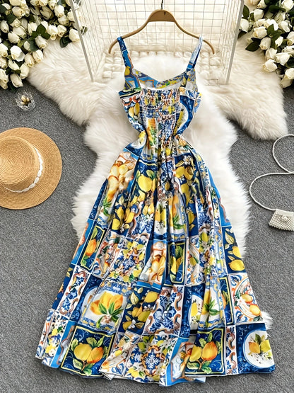 Summer Dress Woman 2025 Sexy Strap Lemon Print Bohemian Vacation Elegant Long Sundress