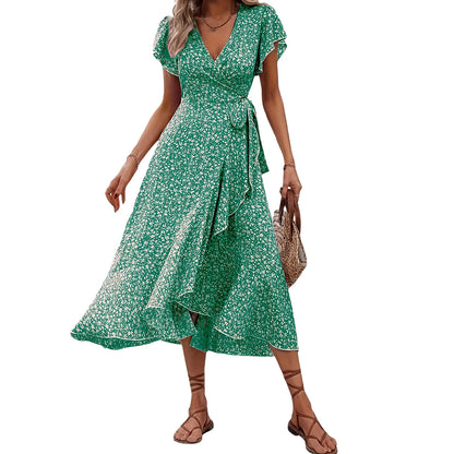 Women's Summer Flower Print Ruffle Dress Fashion 2025 Elegant Short Sleeve Wrap V Neck Tie Side Dresses