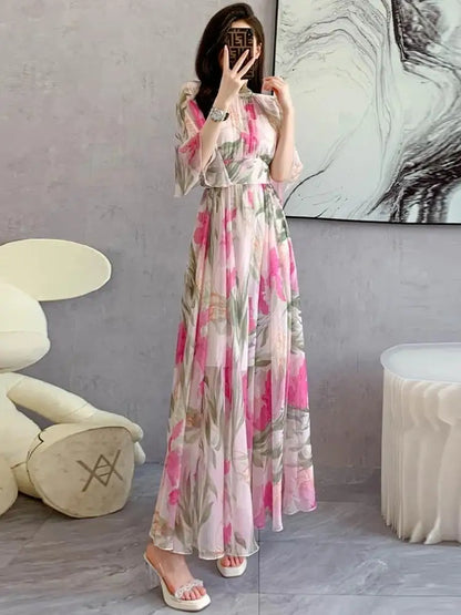Summer Holiday Floral Dress Women Beach Flower Print Flare Sleeve Back Bow Lace Up High Waist Draped Chiffon Party Long Vestidos