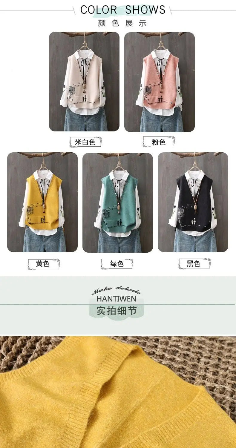 2023 Spring and Autumn New Korean V-neck Knitted Tank Top for Women's Casual Loose Sleeveless Age Reducing Top