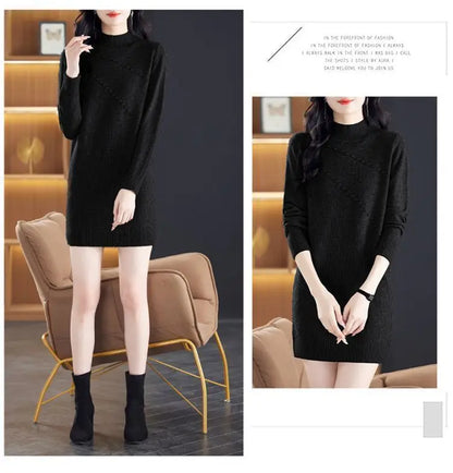 New Vintage Autumn Women's Clothing Half Turtleneck Warm Winter Sweater Dress Long Sleeve Pollovers Top Female Knitwear Jumper