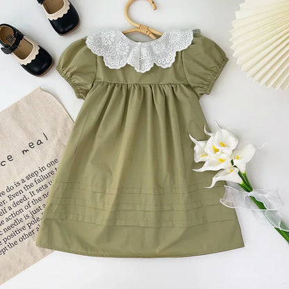 Girls Summer Dress Lace Collar Puff Sleeved Elegant Baby Kids Princess Birthday Dresses Children Clothes Vestidos  3-7 Years Old