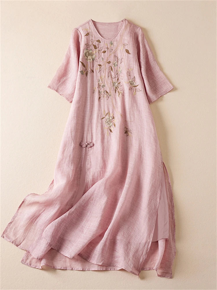 Summer Print Vintage Dresses For Women 2025 New Casual Long Thin Breathable Dress Femme Robe Office Lady Work Elegant Clothing