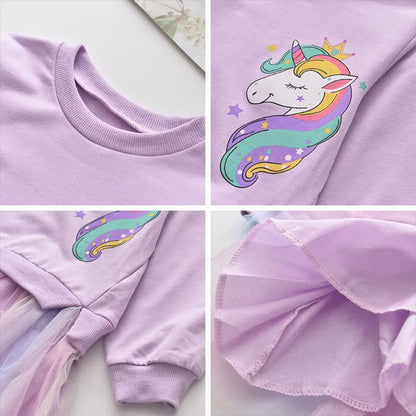 Girl Unicorn Princess Dress 2025 New Winter Girl Dress Children's Unicolor Sweaters + Mesh Dress Set Children's Clothing 2-8Y