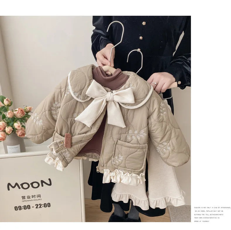 Winter Girls Coat Kids Baby Parkas Cotton Padded Plus Velvet Thickened Warm Children's Coat Solid Girls Embroidery Jacket
