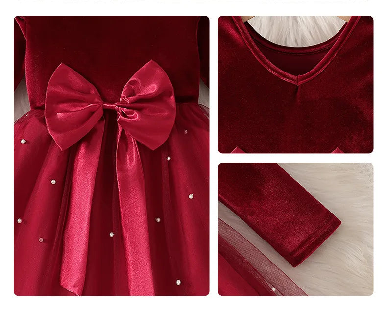 2025 Autumn Winter Girls' Christmas Party Dress with Bow, Elegant Princess Gown for Holiday Pageant & Formal Events