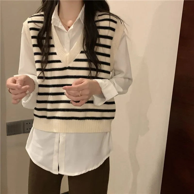 Women Autumn Winter Preppy Style Sweater Vest New Fashion Pullover Elastic Knit Ladies Jumper Casual Stripped Female Basic Tops