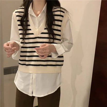 Women Autumn Winter Preppy Style Sweater Vest New Fashion Pullover Elastic Knit Ladies Jumper Casual Stripped Female Basic Tops