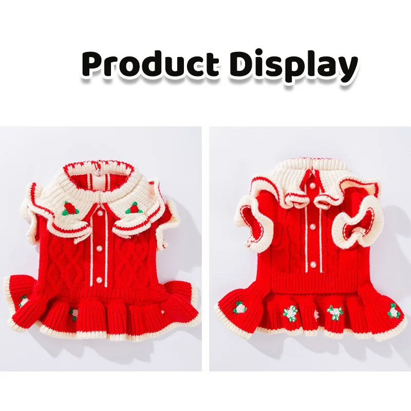 Winter Warm Pet Dog Clothes Luxury Dog Knitten Dress Cute Soft Puppy Princess Skirt Flower Print Cat Dresses Pet Sweater Clothes