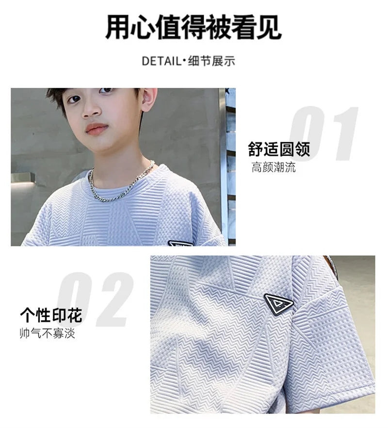 Fashion Boys Summer Sets 2024 New Teenager Casual Outfits Children Trends Clothes Suits Kids Short Sleeves Tops+Baggy Pants 2Pcs