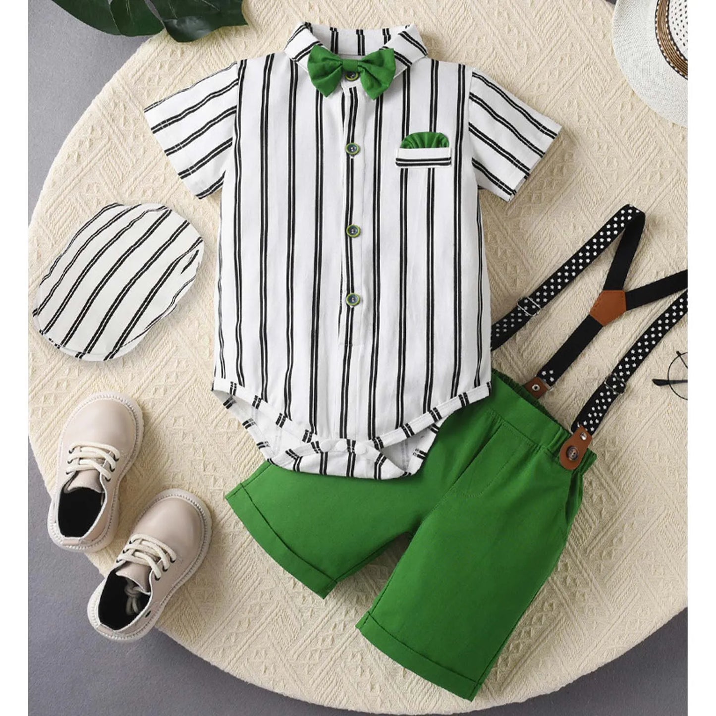 Baby Boys Summer Short Sleeve Lapel Bow Tie Romper with Suspender Shorts Beret Christening Birthday Wedding Party Gentlemen Suit