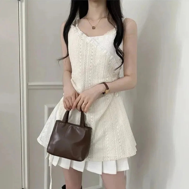 Summer Dress Women Chic French Lace Stitching Sling Shirt Stacked Gauze Knitted Dress Overskirt Inner Wear Base Short Dress