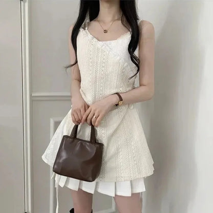Summer Dress Women Chic French Lace Stitching Sling Shirt Stacked Gauze Knitted Dress Overskirt Inner Wear Base Short Dress