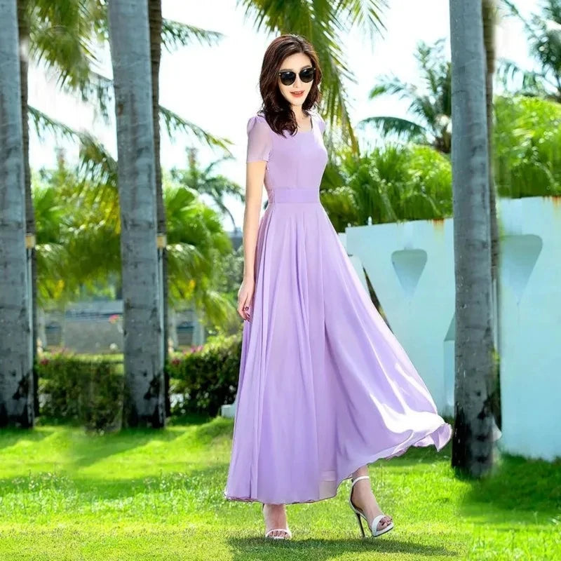 Summer Dress Women 2025 New Bohemian Beach Long Chiffon Dress Elegant Ladies Short Sleeve 5XL Sundress Women's Clothing Vestidos