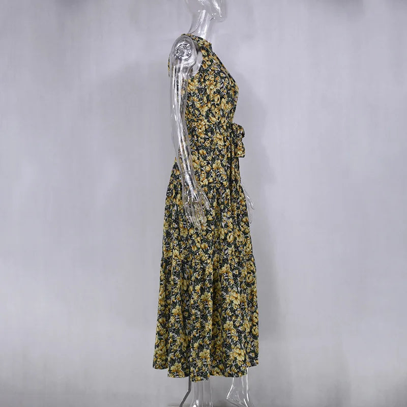 Summer Floral Print Halter Neck Dresses For Women Sleeveless Leace-up Long Dress Casual Beach Holiday Vestidos Female Clothing