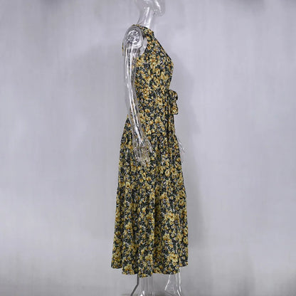 Summer Floral Print Halter Neck Dresses For Women Sleeveless Leace-up Long Dress Casual Beach Holiday Vestidos Female Clothing