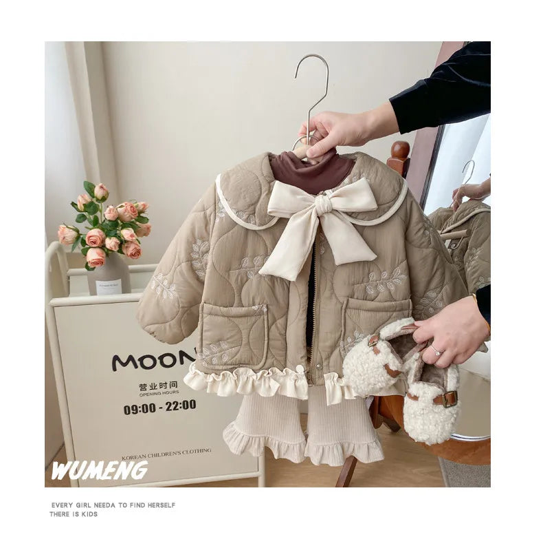 Winter Girls Coat Kids Baby Parkas Cotton Padded Plus Velvet Thickened Warm Children's Coat Solid Girls Embroidery Jacket