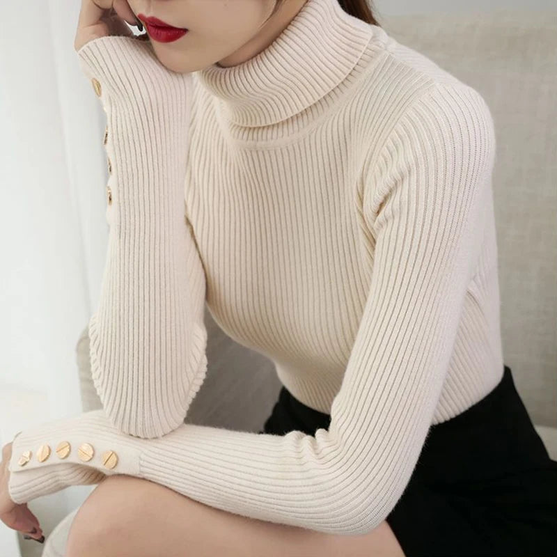 2025 Knitted Turtleneck Women Sweater Button Long Sleeve Pullovers Autumn Winter Basic Femme Sweaters Slim Solid Pull Tops