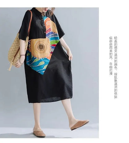 Women Summer Clothing 2025 New Style Literary Splicing Loose Printed Button Splicing Shirt Dress