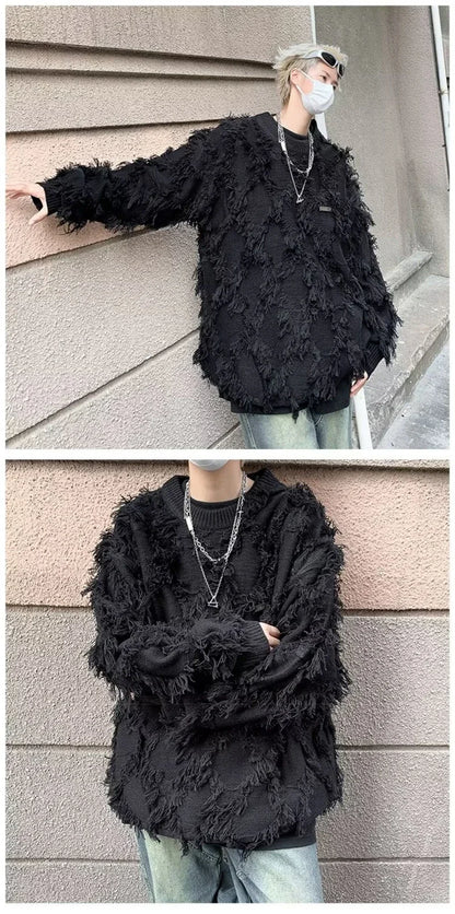 Winter Men's Ripped Fringe Raw Edge Sweater Hip Hop Fashion Knitwear Pullovers Y2K Vintage Streetwear Knitted Jersey Clothes