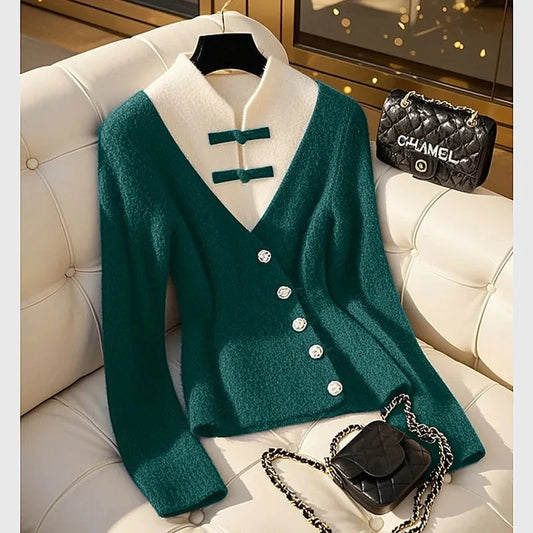 Autumn Winter 2025 Beautiful Temperament Chinese-Style Women Knitting Sweater Fake Two-piece Elegant Cardigan Ladies Sweater
